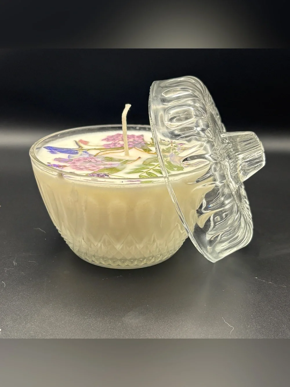 Floral Soy Candle in Pressed Glass Dish with Lid - Cream